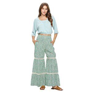NWT Yak & Yeti Boho Bell Bottom Pants Lace Tiered Floral – Handmade in Nepal